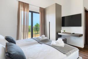 Habitación de hotel con 2 camas y TV de pantalla plana. en Luxury Villa Artsi with pool in Istria, en Svetvinčenat