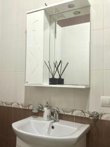 a bathroom with a white sink and a mirror at 2 кімнатні Апартаменти біля Порт Сіті з кондиціонером in Lutsk +14 photos