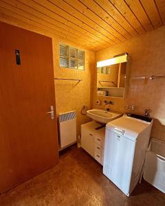 a bathroom with a sink and a white refrigerator at Meieli's Chalet in Hofstetten 