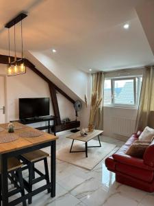 ein Wohnzimmer mit einem Sofa und einem Tisch in der Unterkunft Magnifique appartement de charme in Besançon