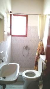 a bathroom with a toilet and a sink and a window at IONIO Apartments in Lefkímmi