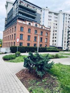 a tree in front of a large brick building at KOMFORTOWY,JASNY APARTAMENT dla max 4-5 osób in Łódź