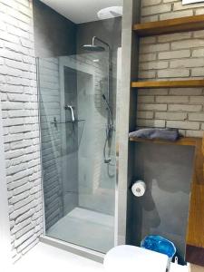 a shower with a glass door in a bathroom at KOMFORTOWY,JASNY APARTAMENT dla max 4-5 osób in Łódź