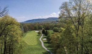 an overhead view of a golf course with trees and a road at Cozy Mountain View Condo in Vernon Township