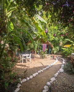 a garden with a table and chairs under a tree at Palomino EcoHouse & Camping in Palomino