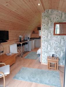 um quarto com uma cozinha e uma sala de estar em Beautiful Glamping Pod with Central Heating, Hot Tub, Garden, Balcony & views - close to Cairnryan - The Herons Nest by GBG em Glenluce