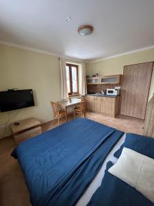 a bedroom with a large blue bed and a kitchen at Apartmány F - chata SVOBODĚNKA in Dolní Moravice