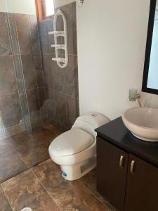 een badkamer met een toilet, een douche en een wastafel bij Casa campestre Las Flores in Villa de Leyva