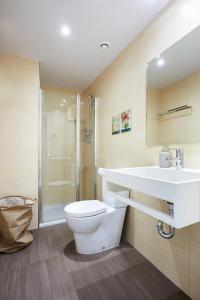 uma casa de banho com um WC, um lavatório e um chuveiro em Urban Sabadell Apartamentos em Sabadell