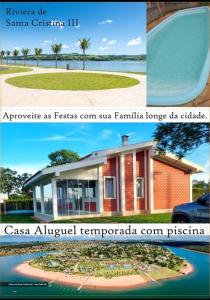 un collage de tres fotos de una casa en Riviera de Santa Cristina III, piscina e represa, tijolinho vermelho, en Itaí