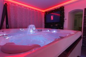 a hot tub in a pink room with a television at CASA AMOR & SPA, appartement suite jacuzzi & piscine chauffée in Montfort-sur-Argens