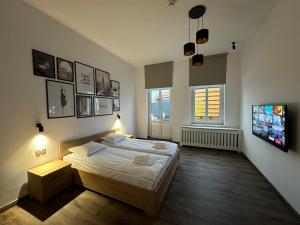 a bedroom with a large bed and two windows at Nysa River Apartments Zgorzelec in Zgorzelec