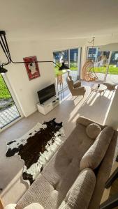 a living room with a couch and a dog laying on the floor at Janosikowa Polana Szczawnica, Jaworki - domki in Szczawnica