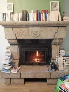 a fireplace with a fire place with books on it at HORTENSE in Guilliers