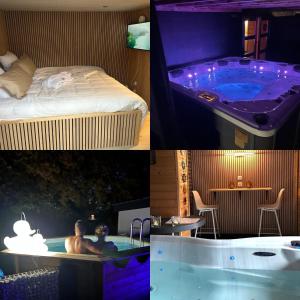 eine Collage mit Fotos eines Hotelzimmers mit Whirlpool-Badewanne in der Unterkunft Cosy@Beauty in Petit-Rechain