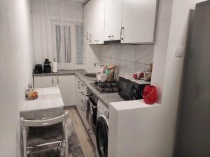 a kitchen with a stove and a washing machine at Fresh Apartman in Târgu-Mureş