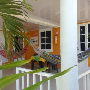 a room with two hammocks in a classroom at Posada Nativa Miss G in Providencia