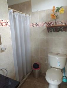a bathroom with a toilet with a shower curtain at Las Mañanitas Habitación Boreal in Medellín