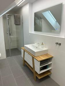 ein Badezimmer mit einem weißen Waschbecken und einem Spiegel in der Unterkunft Luxus Penthouse Nähe Frankfurt in Bad Homburg vor der Höhe