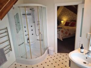 a bathroom with a shower and a sink next to a bed at Westholm Lodge in Harihari