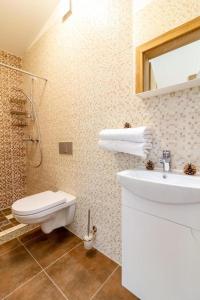 a bathroom with a sink and a toilet and a shower at Green Acres Apartment in Palanga