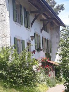 ein weißes Gebäude mit grünen Fensterläden und Blumen in der Unterkunft Chez Cathy in Arzier