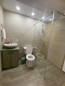 een badkamer met een douche, een toilet en een wastafel bij Apartamento cómodo en Villeta in Villeta