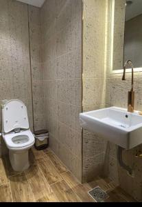 La salle de bains est pourvue d'un lavabo et de toilettes. dans l'établissement شقة للايجار كورنيش المعادي, au Caire