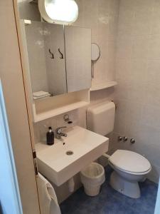 La salle de bains est pourvue de toilettes, d'un lavabo et d'un miroir. dans l'établissement Apartment Medulin (112-2), à Medulin