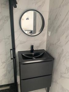 La salle de bains est pourvue d'un lavabo noir et d'un miroir. dans l'établissement La chambre de Flore, à Arras