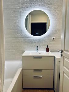 uma casa de banho com um lavatório e um espelho em Appartement climatisé T3 chic à Strasbourg avec billard et terrasse em Estrasburgo