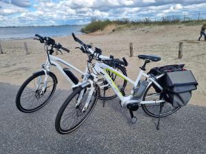 twee fietsen geparkeerd naast het strand bij Tiny House in de Boomgaard in Stad aan ʼt Haringvliet