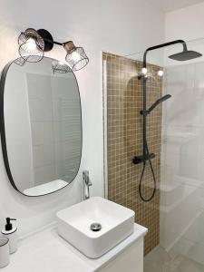 La salle de bains est pourvue d'un lavabo et d'une douche avec un miroir. dans l'établissement Les Bords de l'Estaque x Le refuge de Cézanne, à Marseille