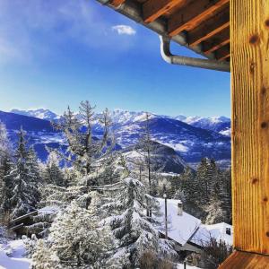 a view of a snowy mountain with a tree at Crans-Montana Duplex Lodge in Crans-Montana