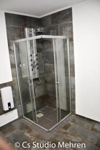 a shower with a glass door in a bathroom at Apartament 2 camere in Ellscheid