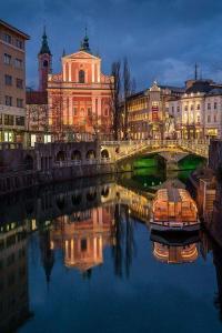 a city with a bridge and a boat in the water at Apartment in the heart of Ljubljana in Ljubljana