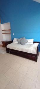 Bett in einem Zimmer mit blauer Wand in der Unterkunft Jugueze Tres Arroyos No tiene cochera in Tres Arroyos