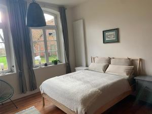 a bedroom with a bed and two windows at Pfarrhaus Karbow in Hof Karbow