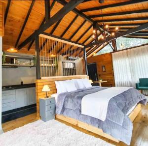 - une chambre avec un lit et un plafond en bois dans l'établissement Chalé Canto da Montanha, à Annitapolis
