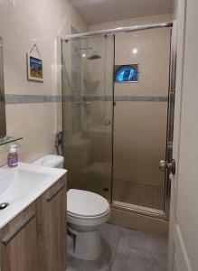 a bathroom with a shower with a toilet and a sink at Playa Coronado - piscine - Golf. in Playa Coronado