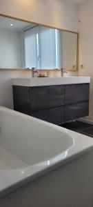 a bathroom with a sink and a large mirror at Villa 4ch jardin proche de Lille in Bondues