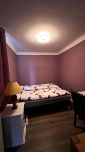 a bedroom with a bed and a lamp on a table at Face Of North in Gratangen +21 photos