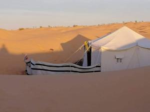 Private Camp25km-from DOUZ في دوز: خيمة بيضاء وسط صحراء