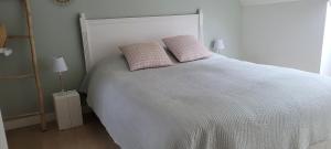 a bedroom with a white bed with two pillows at Villa 4ch jardin proche de Lille in Bondues