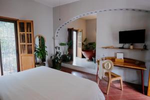 a bedroom with a bed and a desk with a television at Grana B&B in Oaxaca City