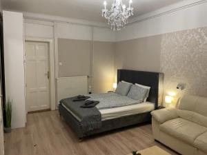 um quarto com uma cama, um sofá e um lustre em Cozy apartment on Raday Corso em Budapeste