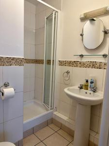 a bathroom with a sink and a shower at Stunning City Centre Apartments in Waterford