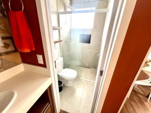 a bathroom with a toilet and a sink and a shower at Pousada Ilha do Campeche in Florianópolis