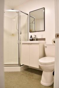 a bathroom with a toilet and a sink and a mirror at Salal Suite Ukee in Ucluelet