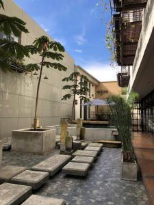a courtyard with benches and a tree in a building at La Primera en La Candelaria in Bogotá